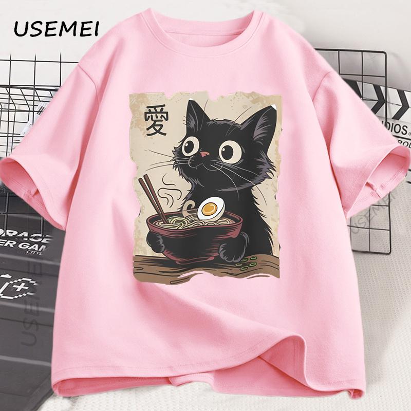 Funny Cat Ramen T-shirt Graphic Tee Japanese Kawaii Anime Cat Graphic T Shirts Men Women Casual Short Sleeve Cotton Tee Shirt