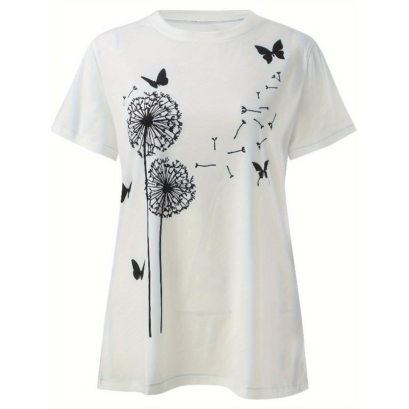 European sizes Dandelion & Butterfly Print T-Shirt, Casual Crew Neck Short Sleeve Top For Spring & Summer, Women's Clothing