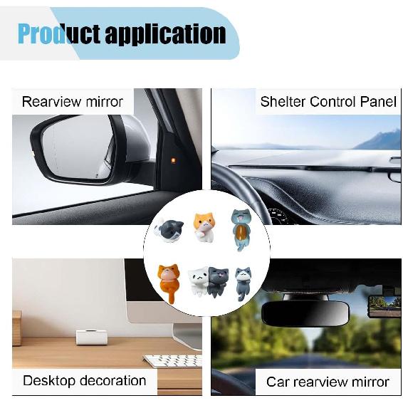 6PCS Car Cute Cat Decorations, Fun Car Rear View Mirror Ornaments, Cat Figurines Set Dashboard Decorations, Universal Auto Interior Accessories for