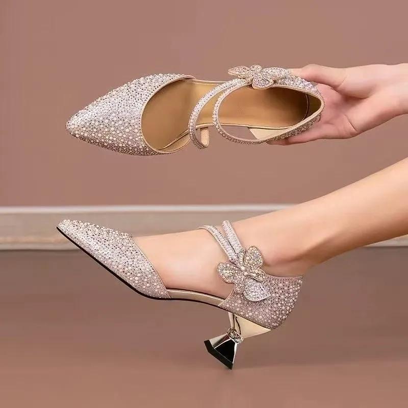 

Summer 2025 New Women Sandals Korean Style Comfortable Cool Shoes for Women Pointed Mesh Rhinestone High Heels Sandals 34 золотой