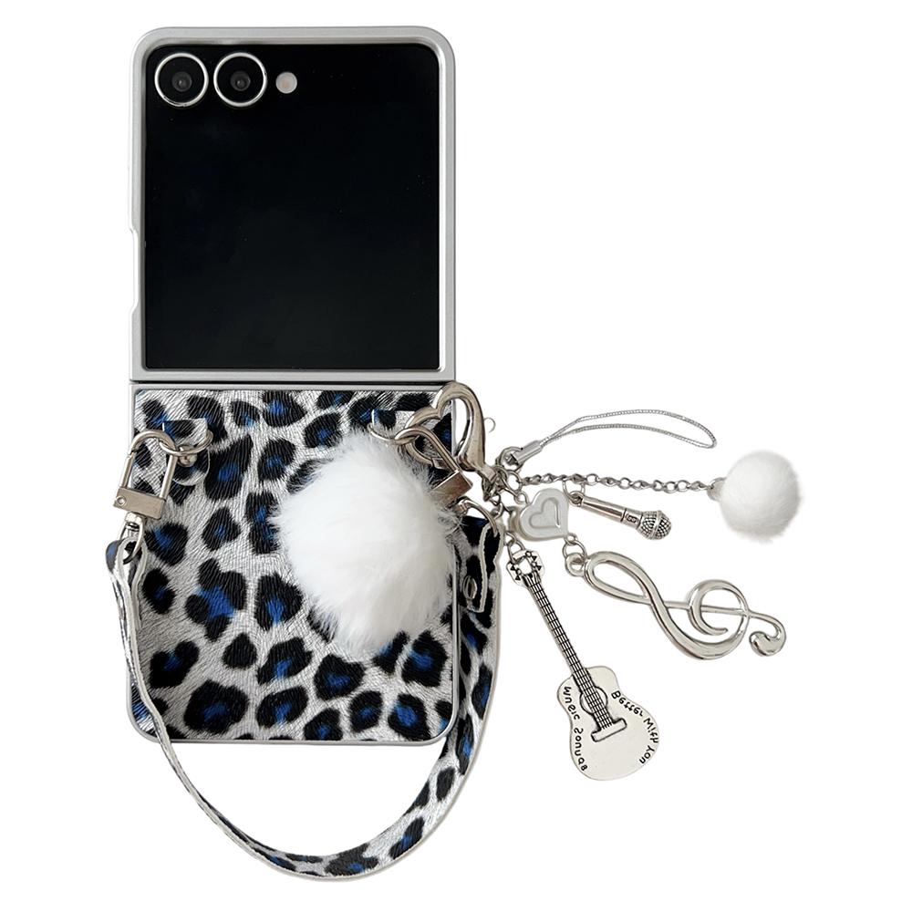 

For Samsung Galaxy Z Flip7 5G Case Leopard Print Leather + PC Phone Cover with Guitar Pendant and Strap A