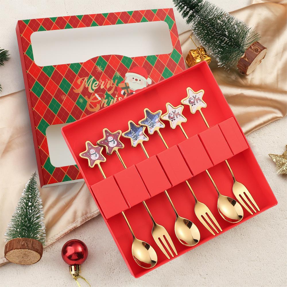 Christmas Cartoon Stainless Steel Spoon & Fork Set – Festive Cutlery with Gift Box