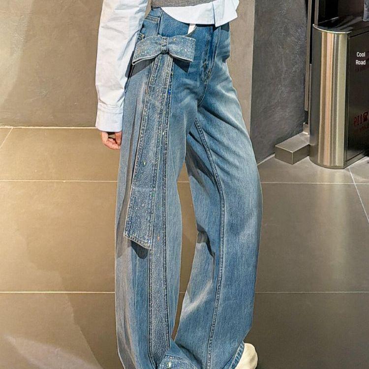 Vintage High-Waisted Loose Wide-Leg Denim with Rhinestone Bowknot Large