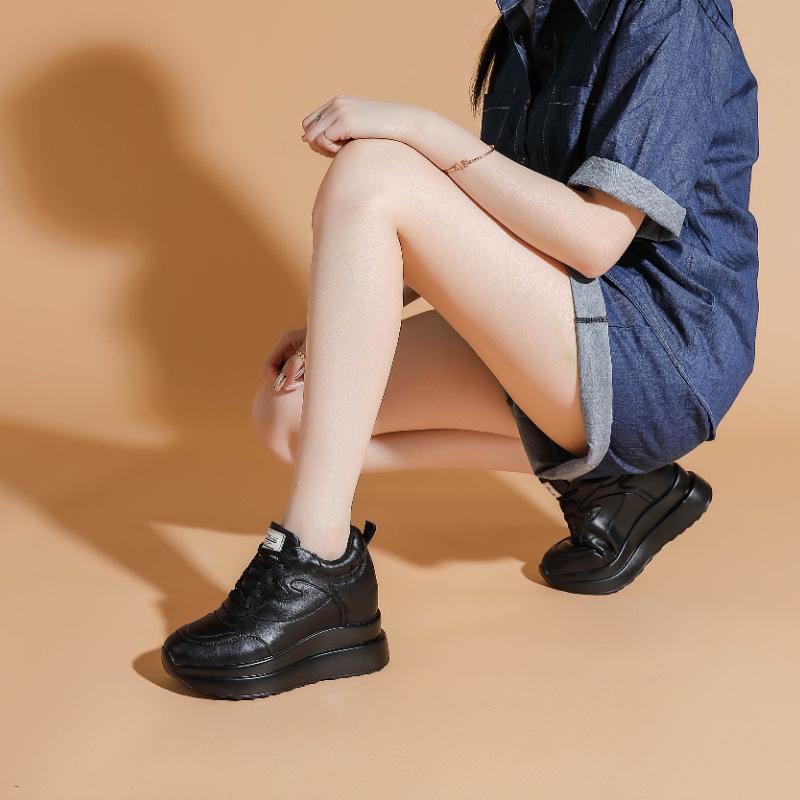 Women's White Genuine Leather Platform Shoes - 10cm Height Increase, Thick Sole, Versatile for All Seasons
