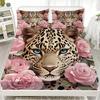 3pcs Flat Sheet With 2 Pillowcases 3D Leopard Print Floral Breathable Fitted Sheet Sets 100% Polyester Home Decoration