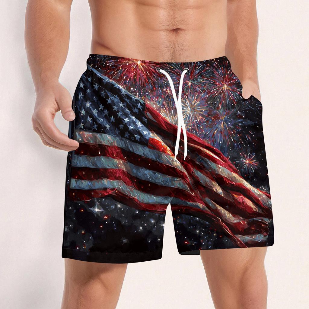 Men Swim Trunks Quick Dry Board Shorts with Drawstring Waistband Mesh and Side Pockets USA Flag Print Beachwear