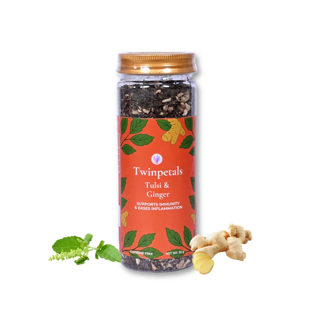 Twinpetals Tulsi Ginger Herbal Tea | 50g Premium Loose Leaf | Caffeine-Free Ayurvedic Blend | Pure Tulsi & Ginger for Immunity, Digestion &