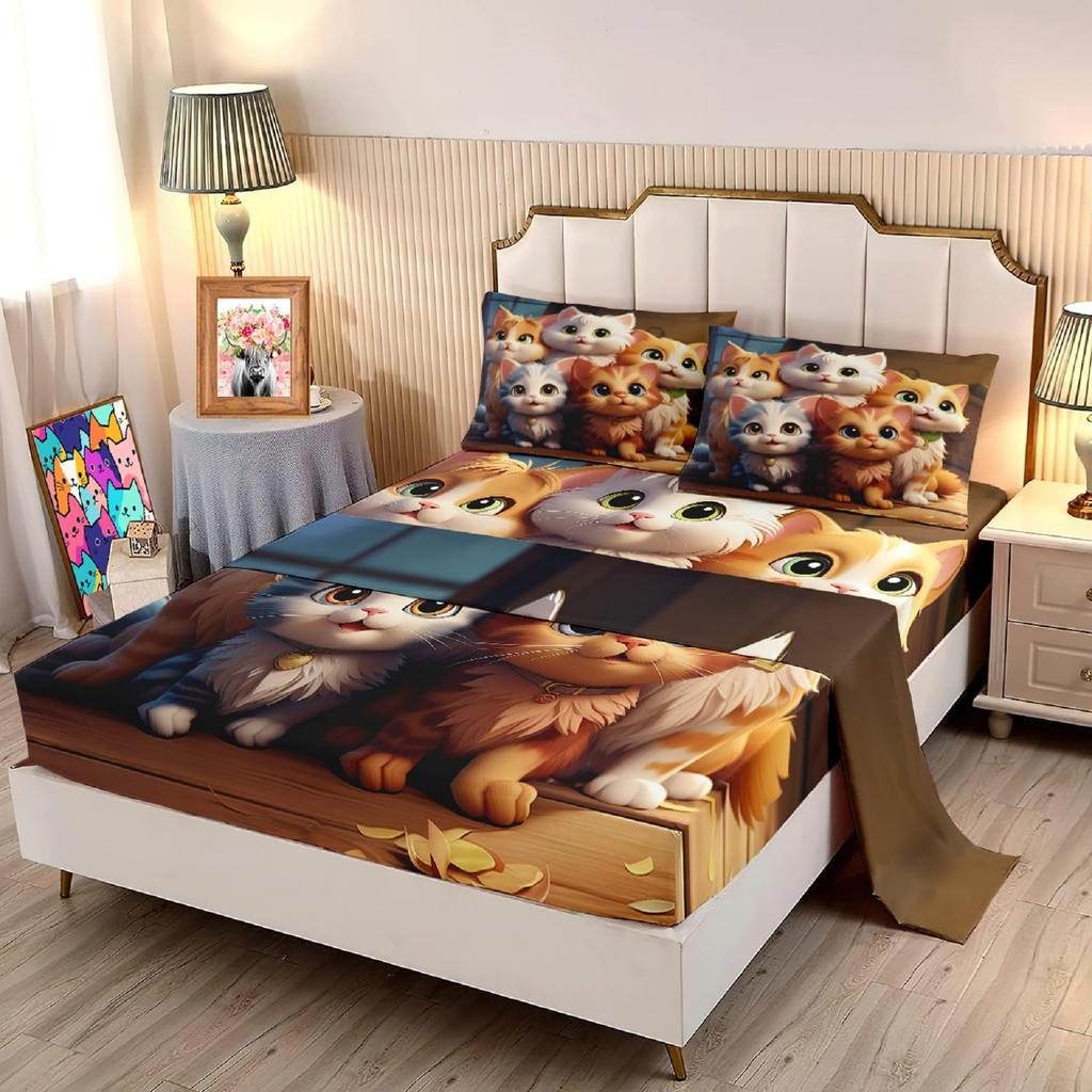 Cute cartoon cat family pattern mattress four-piece bedding set bedroom dormitory bedding set