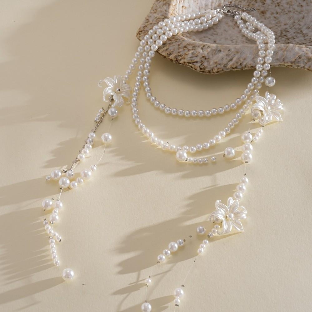 Faux Pearl Lilium Flower Pearl Necklace Multi Layer Stacked Flower Choker Vacation Look