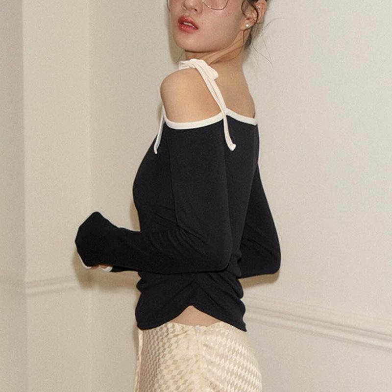European and American women's autumn diagonal collar bow tie off shoulder solid color top