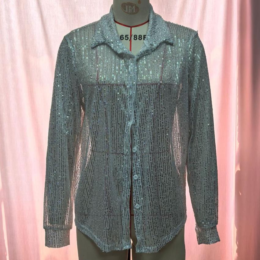 Loose Long Sleeved Fashionable Party Costumes Cardigan Top with Sparkling Sequins Women's Blouses & Shirts
