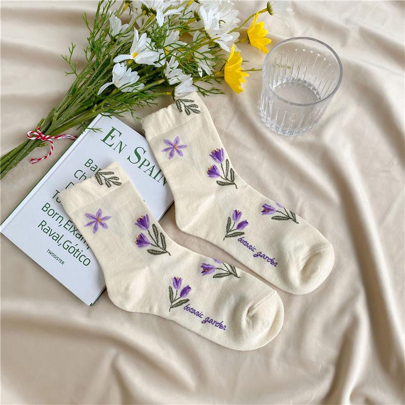 Sock Children's Mid-length Spring-autumn Cotton Socks, Cute and Sweet Flowered Socks, Versatile for An Academic Style.