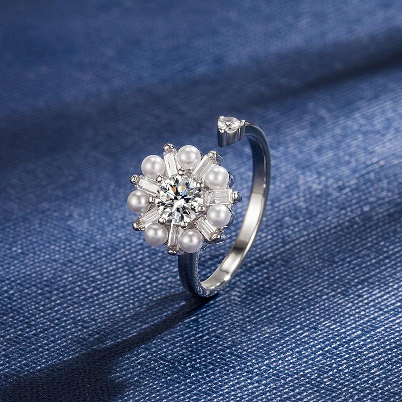 Korean Version Diamond Pearl Inlaid Zircon Flower Open Ring Adjustable Electroplated Copper Mesh Rotating Ring Women s Jewelry White gold color