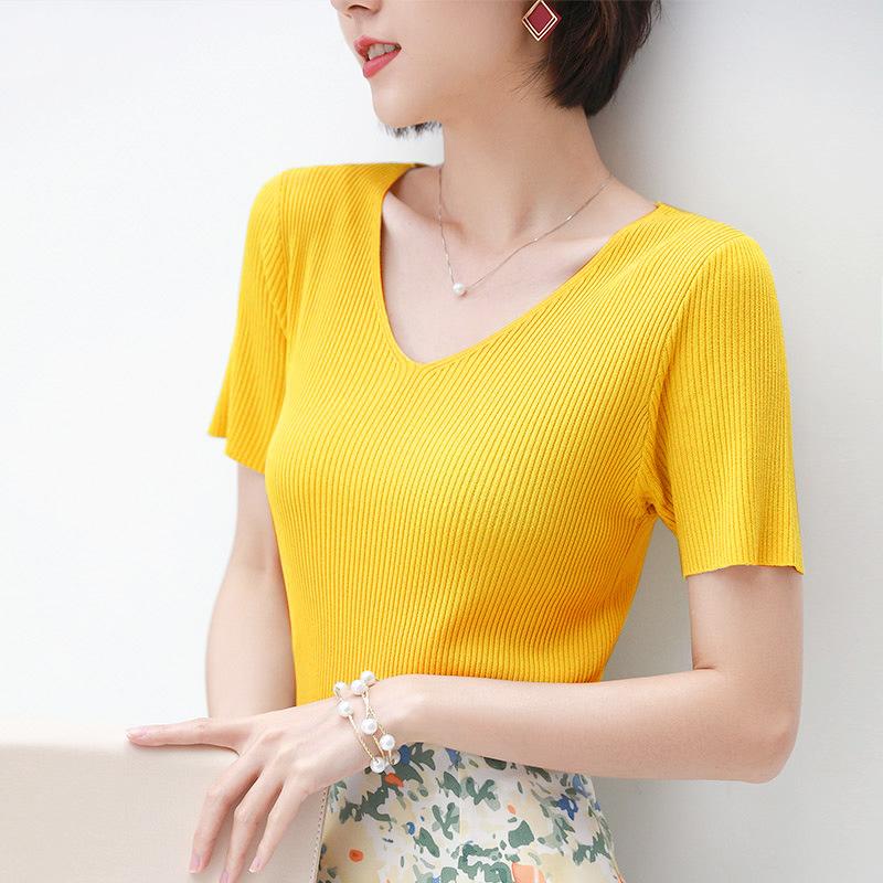 Women Spring Summer Pullovers Knitted Sweaters Primer Shirt Short Sleeve V-Neck Slim Bottoming Tops Solid Color One Size