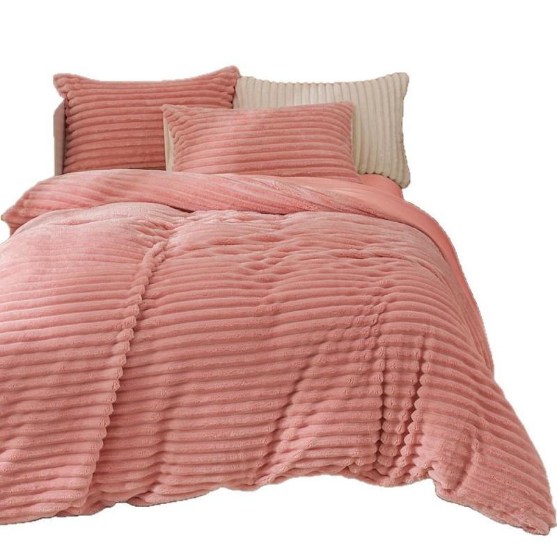 Winter Thick Warm Luxury Solid Striped Milk Fleece Bedding Set