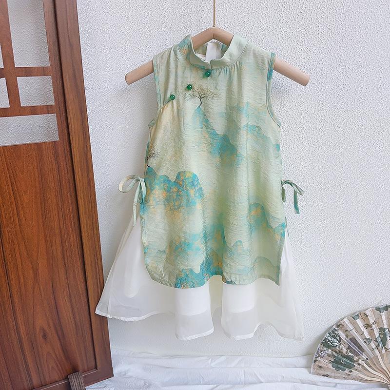 Girls Summer Chinese Printed Cheongsam Dress Baby Long Gown 90cm