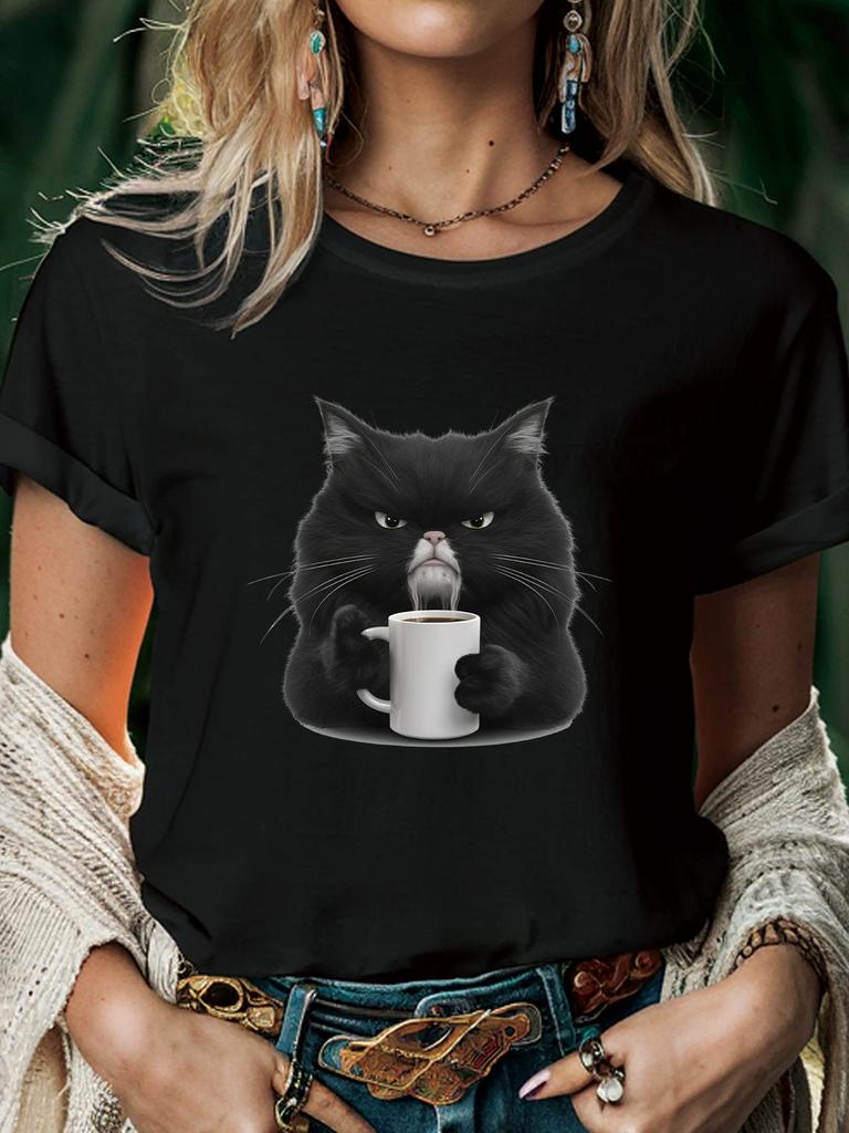 Cute Coffee Drinking Cat Women T Shirt Summer Fashion Short Sleeved T-shirt Tee Tops O-neck Casual Tshirt Women's Clothing