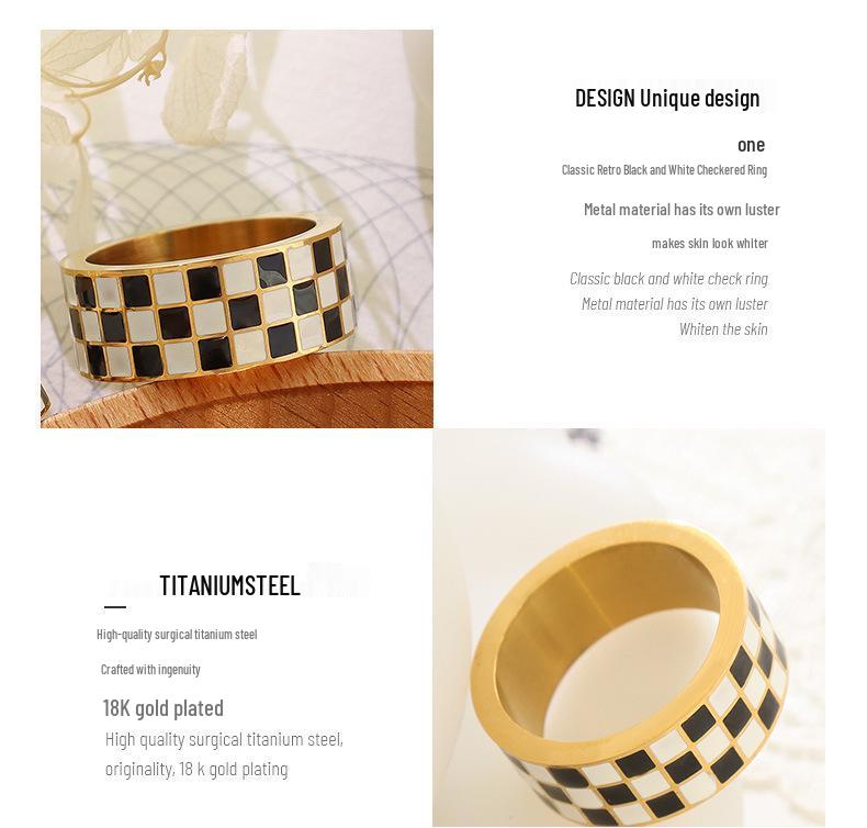 Europäischer Retro Schwarz-Weiß Karomuster Titanring: Lichtbeständig, Vergoldet, Personalisierter Stil.