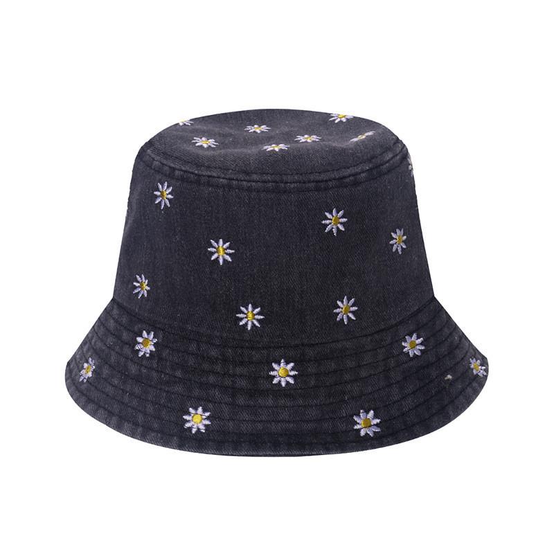New Spring Summer Floral Embroidered Fisherman Hat Women Korean Style Sun Hat Cute Black Blue Flower