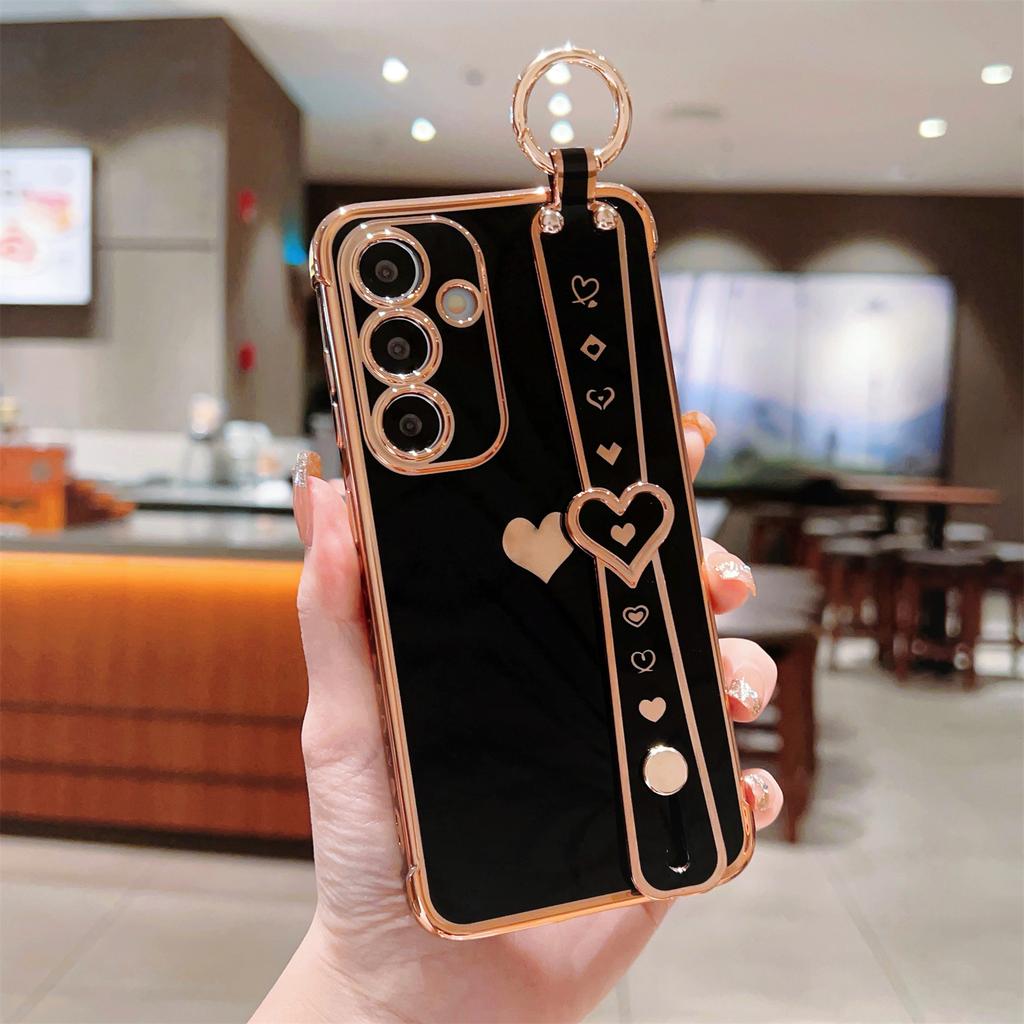 Für Samsung Galaxy S24 Hülle TPU Handyhülle Galvanisiertes Herzdesign mit Armband