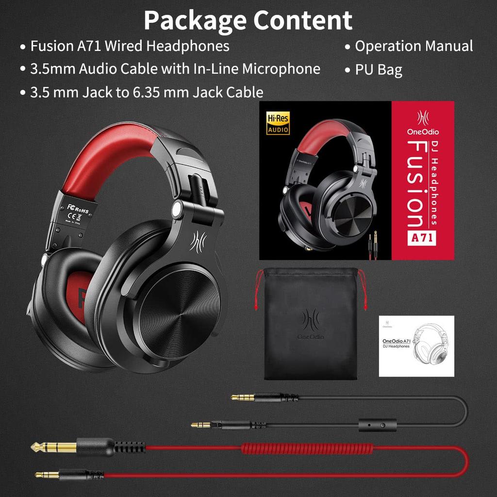 OneOdio A71 Wired Headphones High-Resolution Monitor DJ Closed-Back Dual-Port Red with In-Line Microphone for Gaming Music Recording Phone Calls