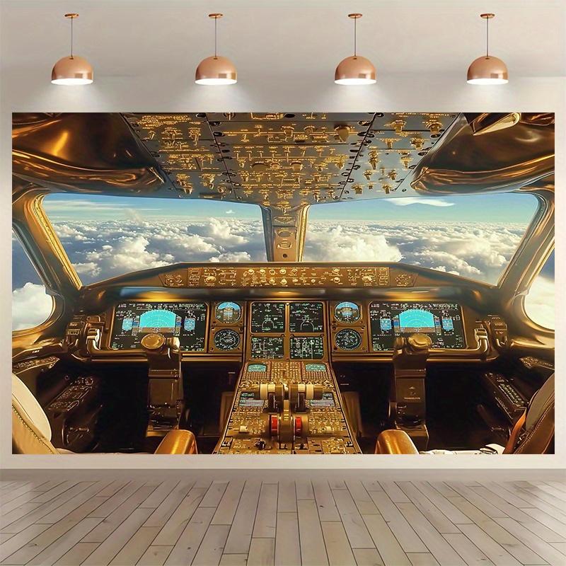 2D Flat Background Fabric, 1 Piece of Printed Background Fabric with Aircraft Cockpit Perspective Pattern