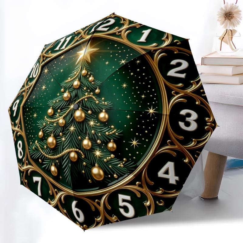 1pc Christmas Clock Combination Pattern Sturdy 8-Bone Auto Umbrella, Bright Umbrella, Digital Printed, Foldable Umbrella for On-the-Go Outdoor Use
