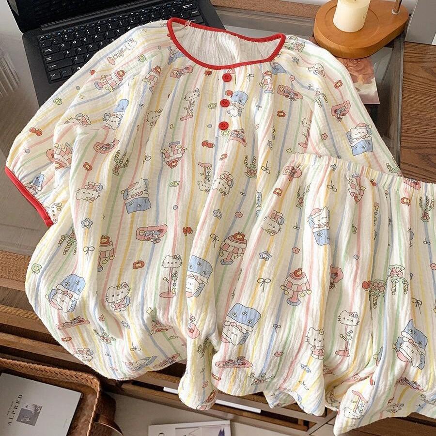 

Summer Rainbow Striped Hello Kitty Pajamas Women s Summer Crew Neck Short Sleeve Shorts Two-piece Soft Cute Loungewear S