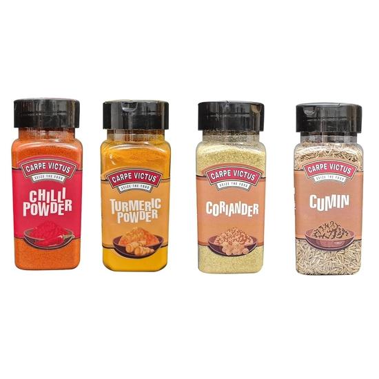 Carpe Victus Everyday Essentials Premium Spice Box (Chilli Powder, Turmeric Powder, Coriander Powder, Cumin Seeds), Pack of 4(390 gms)