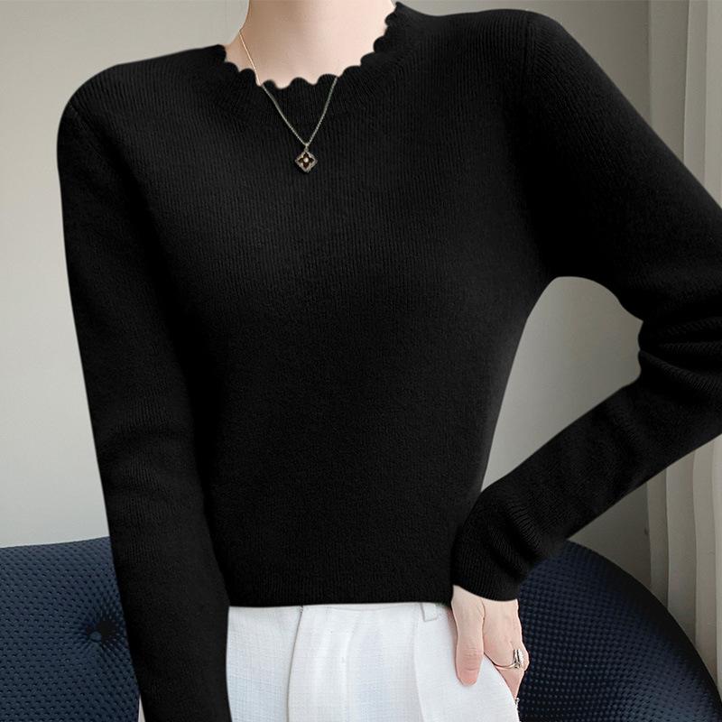 Fashion Lace Crew Neck Bottom Shirt Women's Autumn and Winter New Skinny Inner Long Sleeve Knitted Sweater Pullover Top