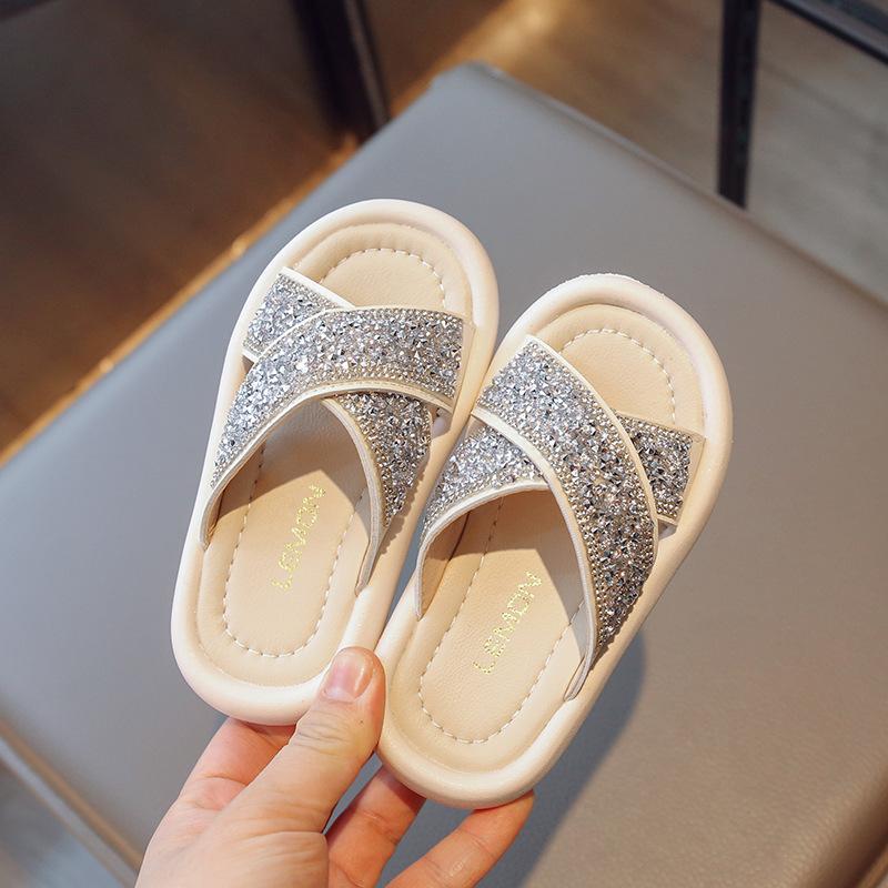 Shine Slippers Kids Toddler Girl Shoes Chic Open-toe Versatile Soft Open-toe PU Children Fashion Casual Shoes Breatheable Simple