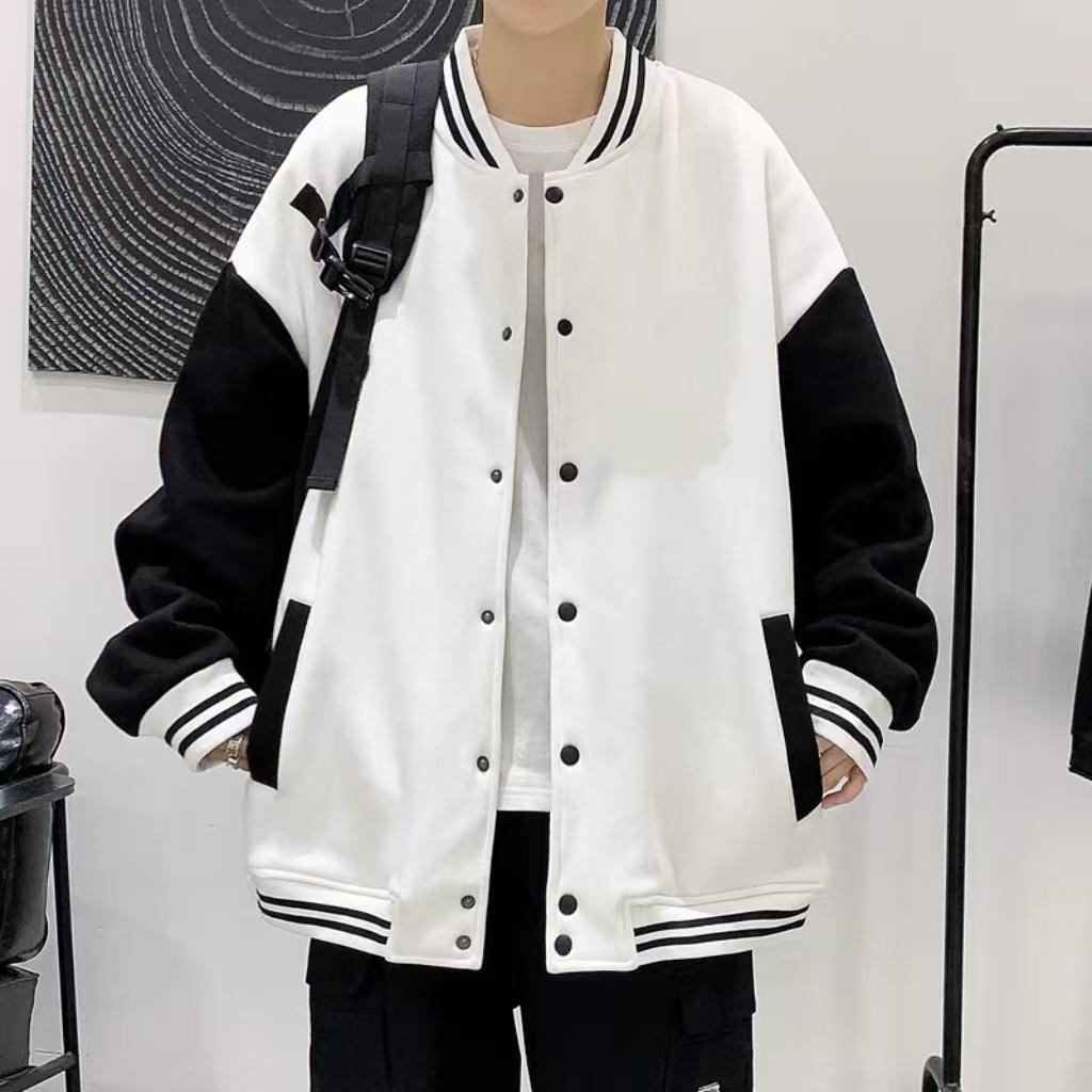 

Black & White Wool-Like Loose Fit Baseball Jacket - Celebrity Inspired Trendy Style XL