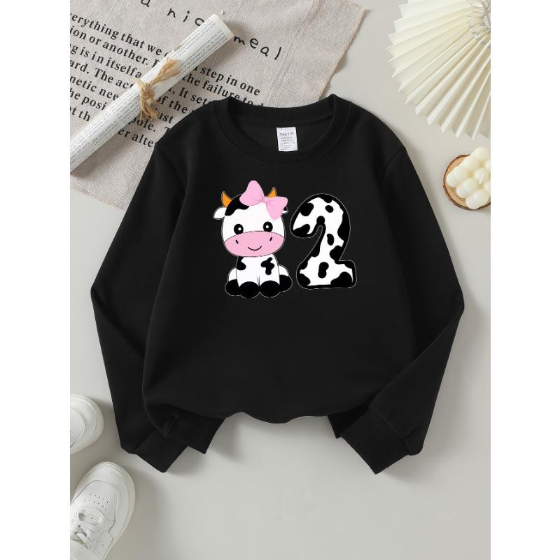 European Sizes Girls' Long-Sleeve Round Neck Sweatshirt "Cute Cow Number Two" Print, Spring/Autumn, Casual, Daily & Sports.
