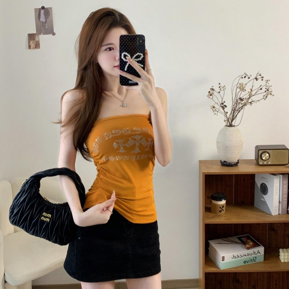 #Summer new letter hot diamond tube top slim and thin women's short, one-piece versatile top with chest pad