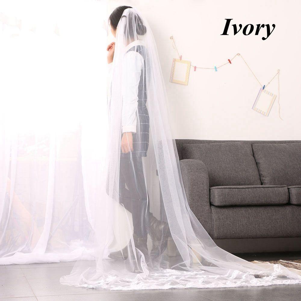 

Fashion One-tier White/Ivory Bridal Wedding Veil with Comb Tulle Edge Applique Lace