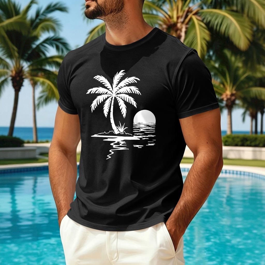 Men's Summer Hawaiian Print Crew Neck Ice Silk Shirt Casual Quick Dry Short Sleeve Sun Protection Top for Outdoor Activities