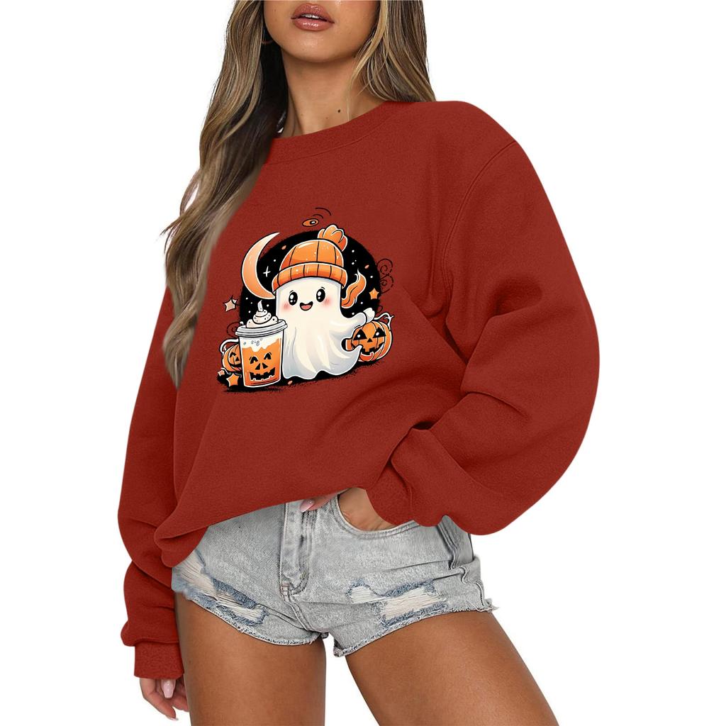 Women's Casual Fashion Round Neck Long Sleeve Halloween Printed Sweatshirt