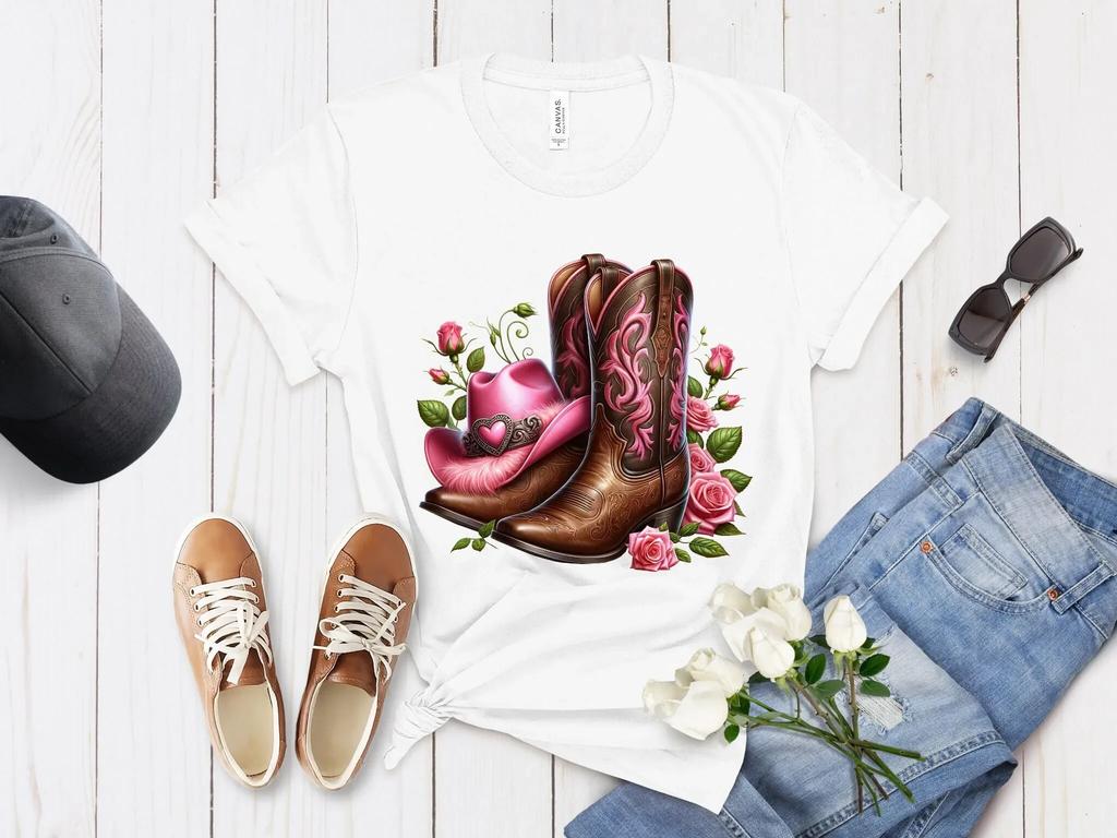 T Shirt with DTG Print Cowboy Boots Pink Hat Rose Stylish Comfortable Perfect for Unique Design