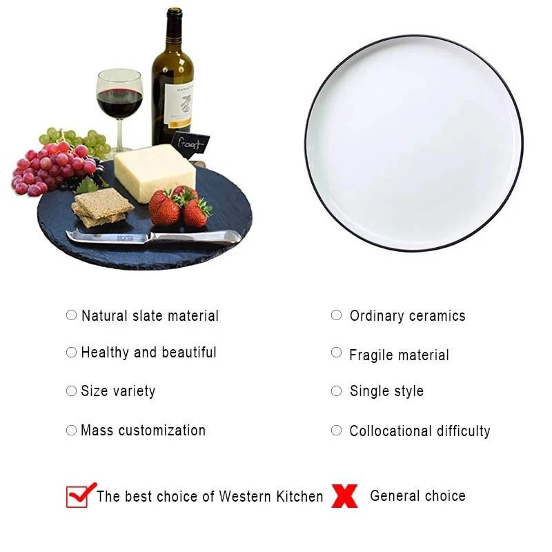 Round Natural Black Stone Slate Western Steak Plates Slate Dinner Plate Kitchen Cheese Pizza For Home Food