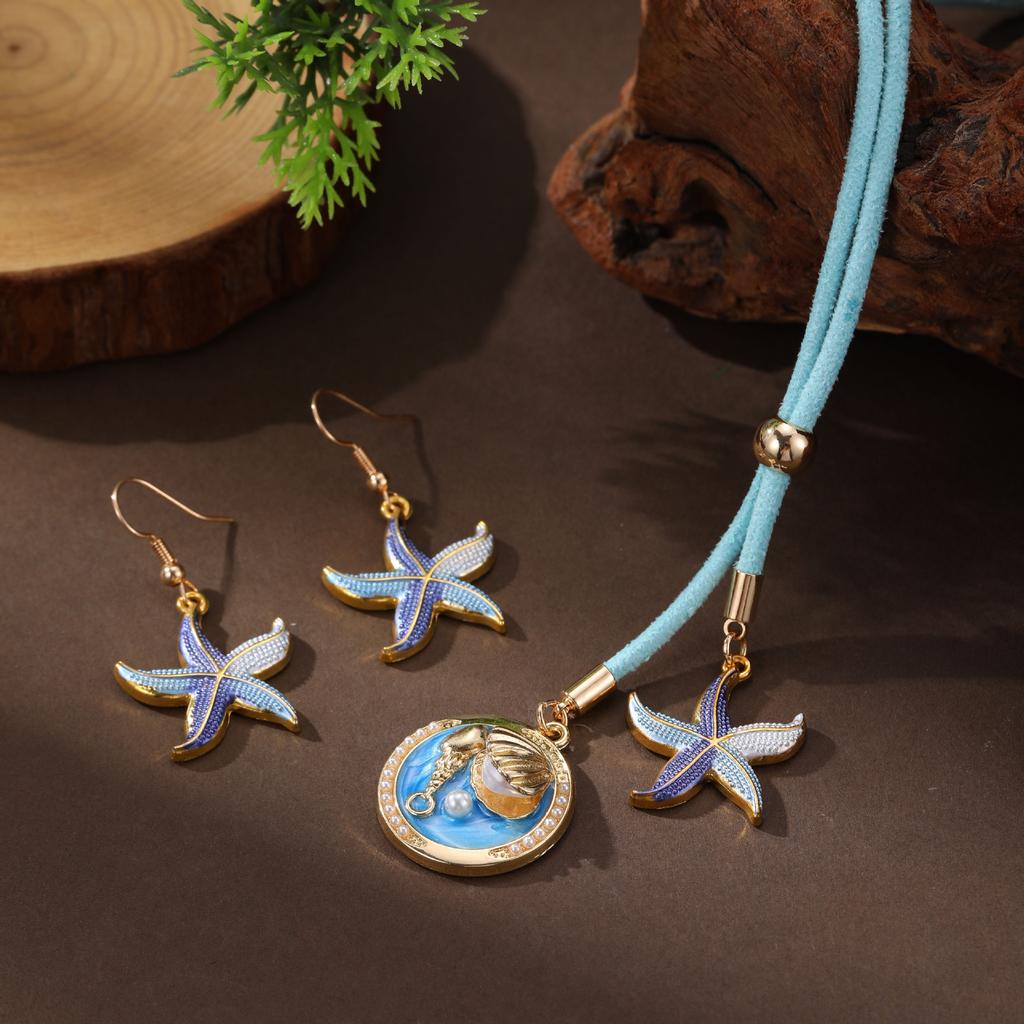 Neue Emaille Farbe Seestern Muschel Ohrringe Lange Halskette Damen Sommer Strand Klein Klar Seestern Langer Anhänger