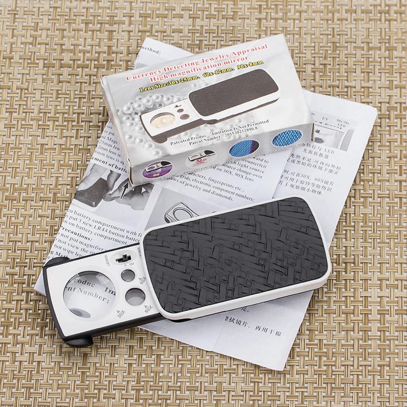 Slide-Out Jewelry Loupe Magnifiers 30X 60X 90X LED Lighted Magnifying Glass with UV Light For Jewelry Diamonds Coins Stamps