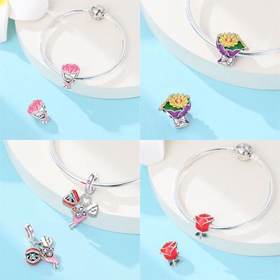 Anniversary Original Copper Pink Roses Sunflowers Tulips Flower Spirit Charms Beads Fit Bracelet Women Diy Fine Gift Jewelry