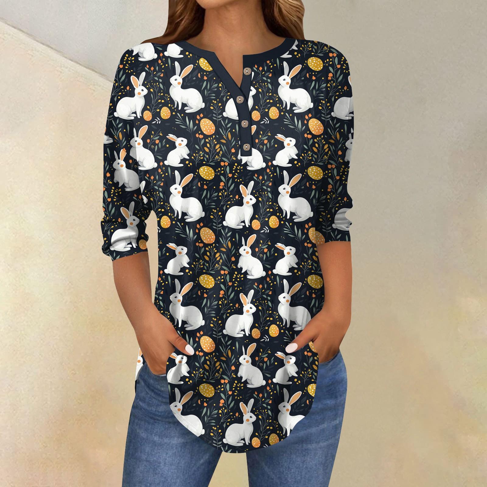 

Женский модный повседневный топ с рукавами 3/4 и принтом пасхального кролика и воротником на пуговицах L чёрный