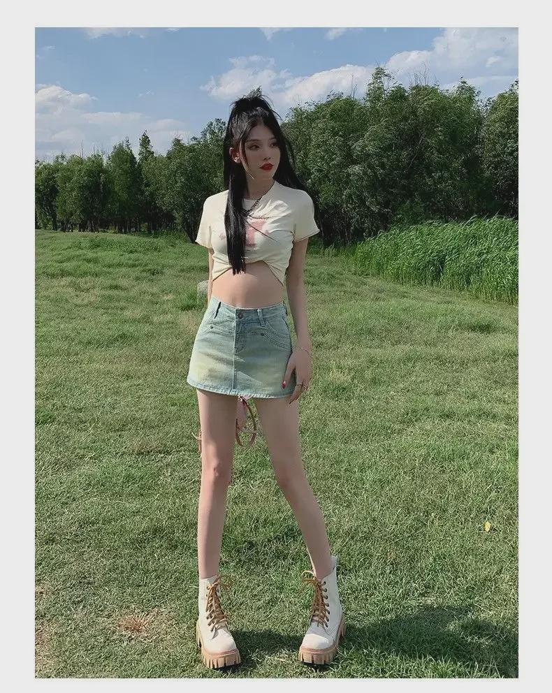 Women's High Waist Retro Denim Skort: A-Line, Anti-Exposure, Small Size