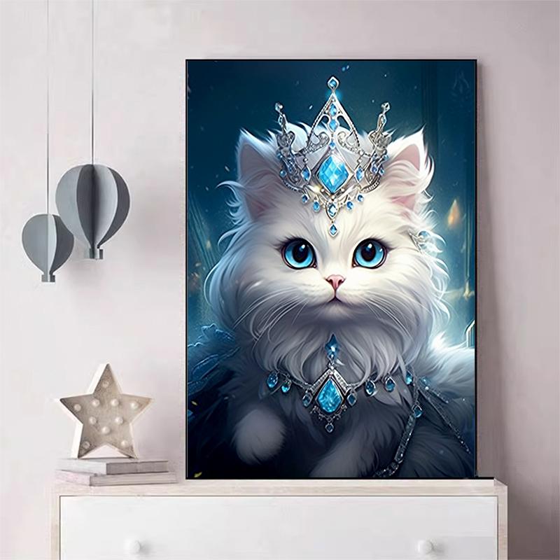 5d DIY Diamond Painting Cross Stitch Crown White Cat Animal Diamond Embroidery Animal Mosaic Full Round Drill Home Decor