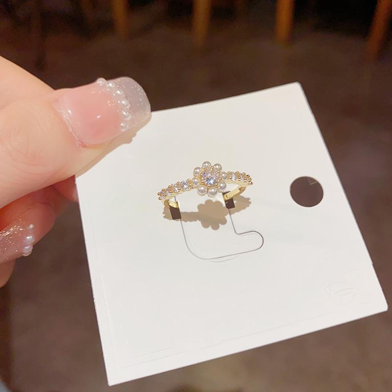 Zircon pearl flower ring women's light luxury high-end sense exquisite versatile index finger ring fashion temperament jewelry women