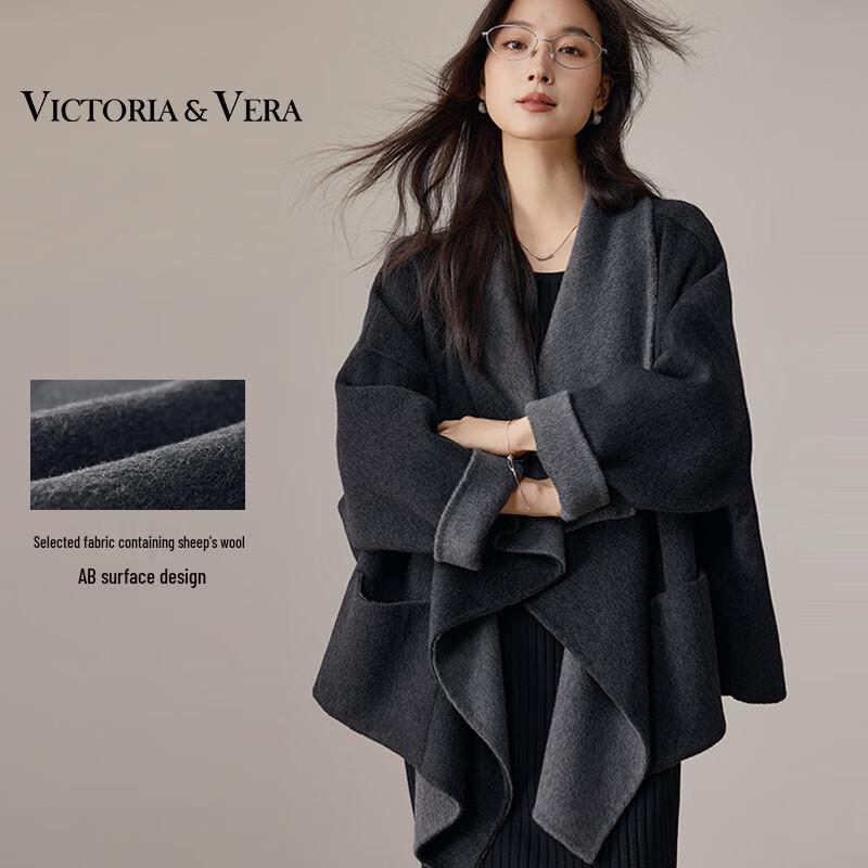 

VICTORIA&VERA Women s Color-Block Lapel Wool Blend Mid-Length Coat M