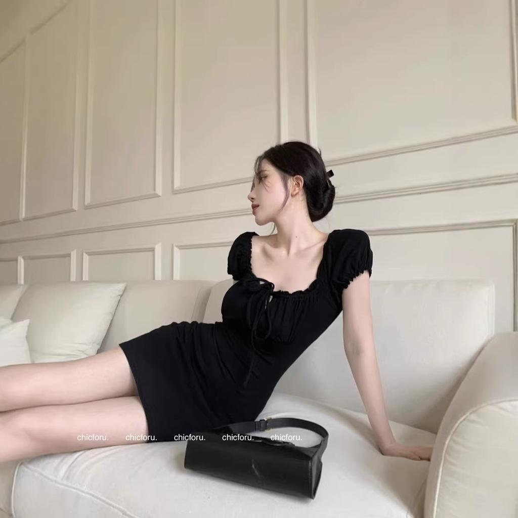 French square neck black short-sleeved dress women's summer waist a-word short skirt temperament slim hip skirt