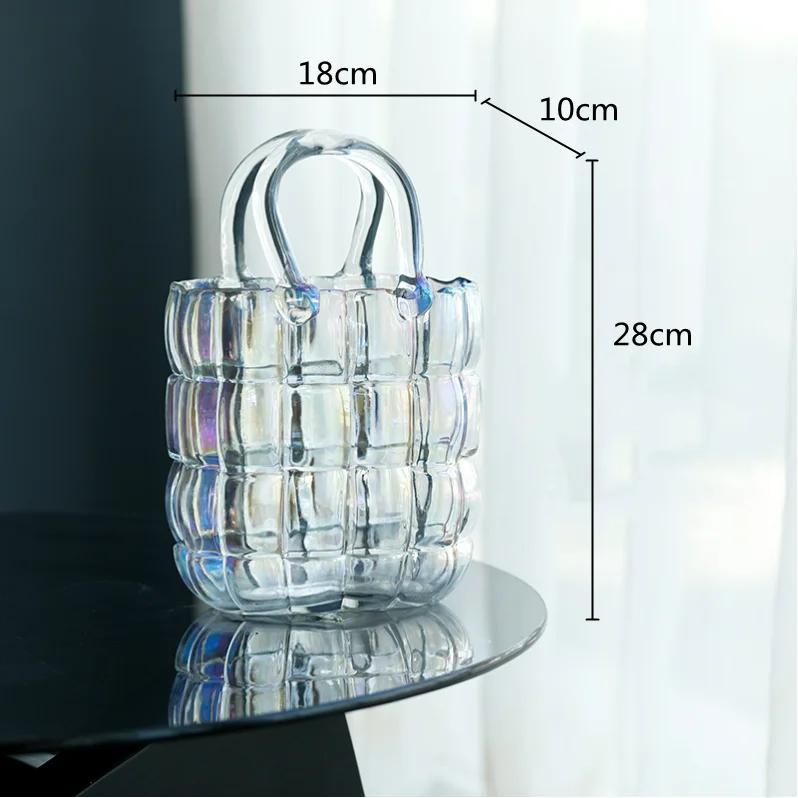 Clear Glass Vase Bag Handbag Basket Transparent Terrarium Flower Vase Floral Arrangement Accessories Living Room Decoration