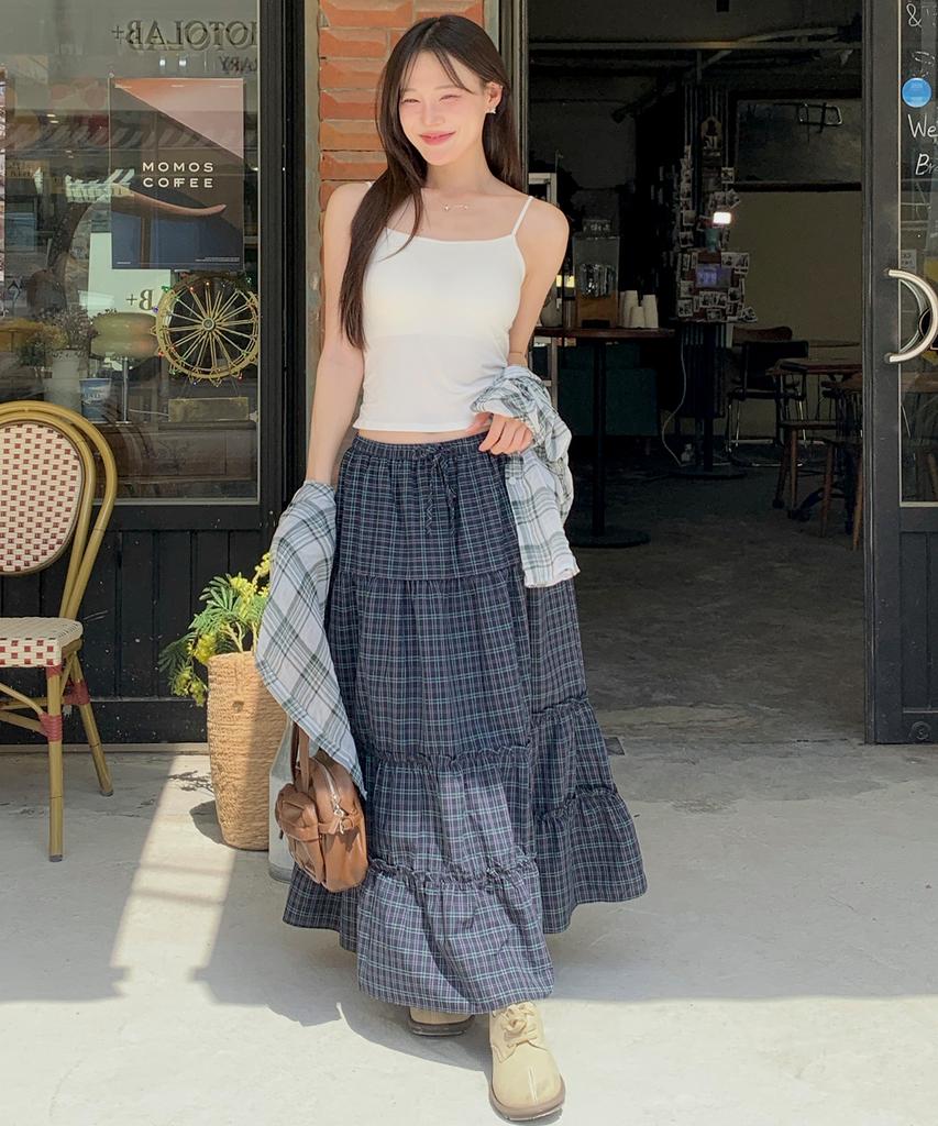 Cargo Bros For Woman Flare Frill Check Long Skirt (Navy)